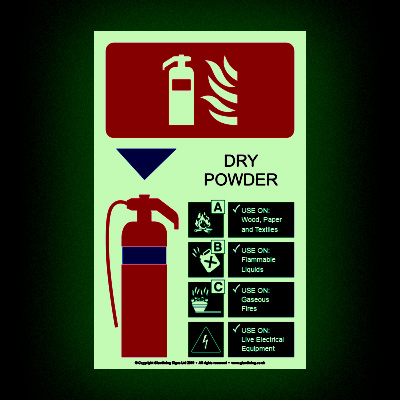 Glow-in-the-dark extinguisher code dry powder sign